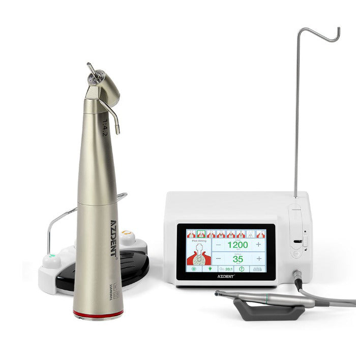 AZDENT Dental Implant Motor Brushless Color Touch Screen And 45 Degree 1:4.2 Increasing Fiber Optic Handpiece External Water
