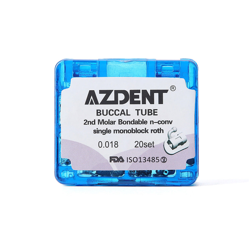 Tubo bucal AZDENT para 2.º molar, monobloque cementable, no convertible, Roth 0.018, 20 juegos/caja