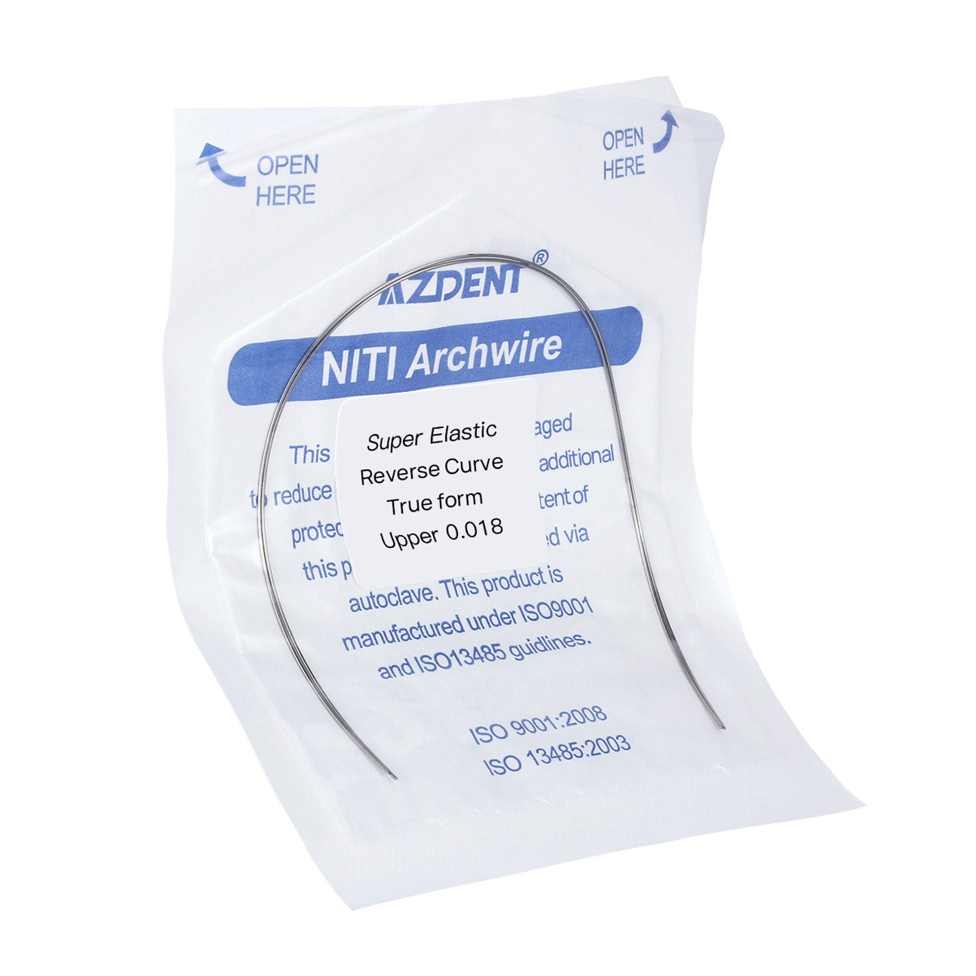 Arco de alambre AZDENT NiTi con curvatura inversa, forma verdadera, redondo, 0,018 mm, superior, 2 unidades/paquete