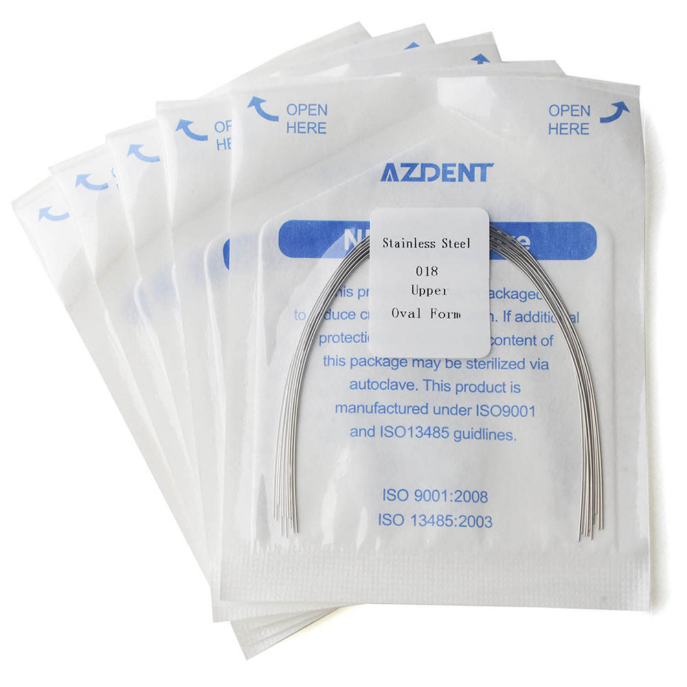 Arco de alambre AZDENT de acero inoxidable, forma ovalada, redondo, 0,018 mm, superior, 10 unidades/paquete