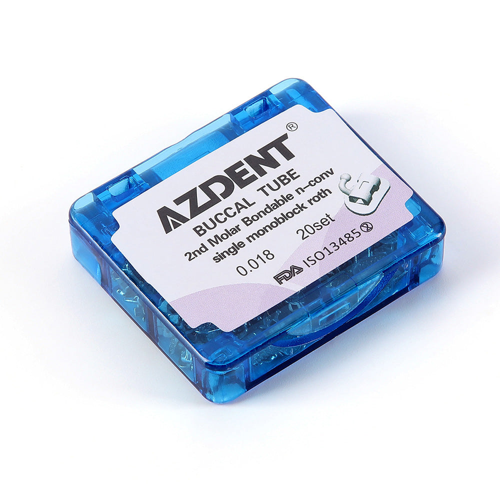 Tubo bucal AZDENT para 2.º molar, monobloque cementable, no convertible, Roth 0.018, 20 juegos/caja