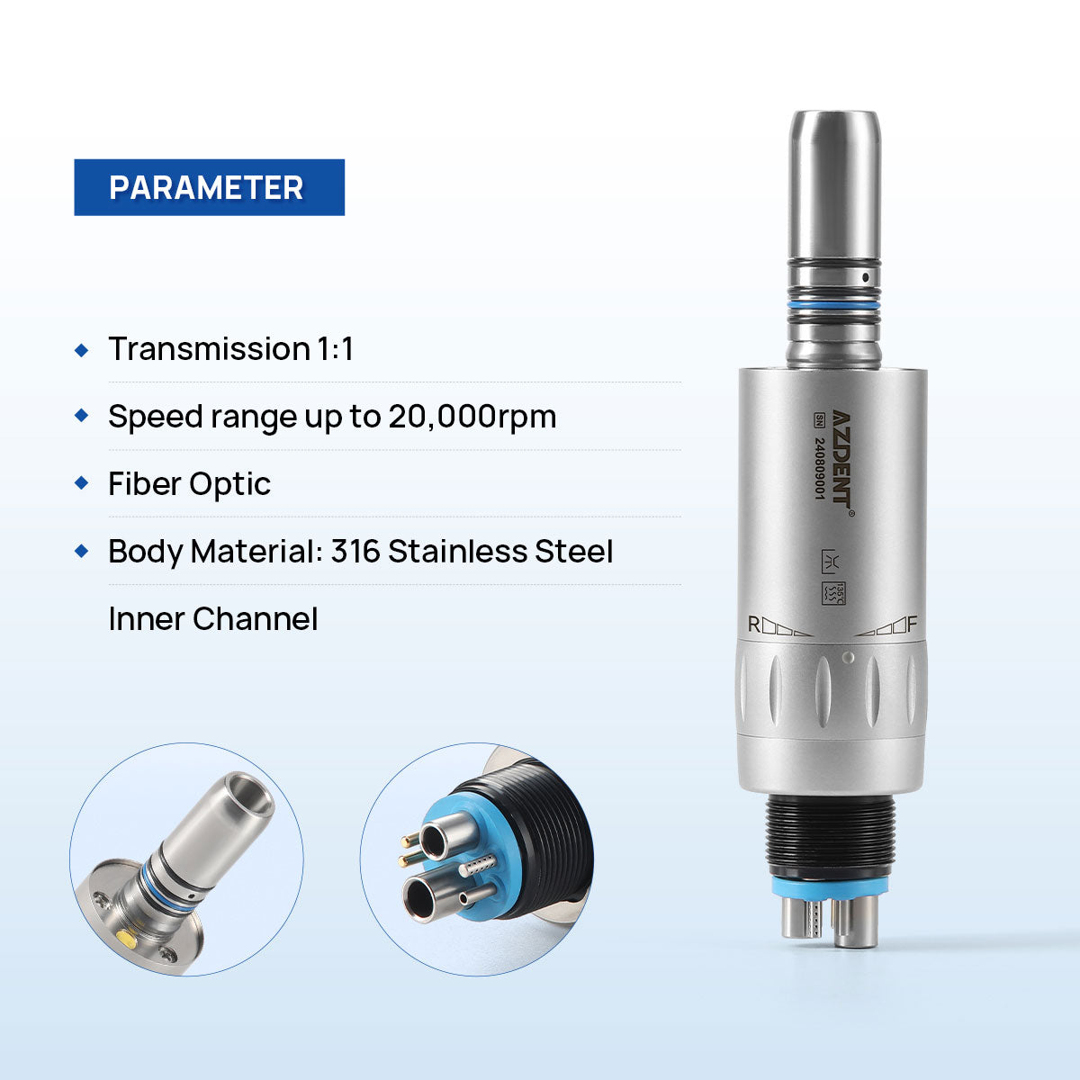 AZDENT Dental Mini 4:1 Contra Angle Fiber Optic Low Speed ​​Handpiece / Mini Fiber Optic Air Motor 6 Hollow