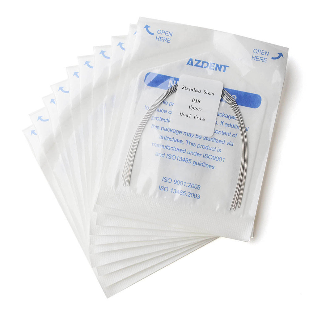 Arco de alambre AZDENT de acero inoxidable, forma ovalada, redondo, 0,018 mm, superior, 10 unidades/paquete