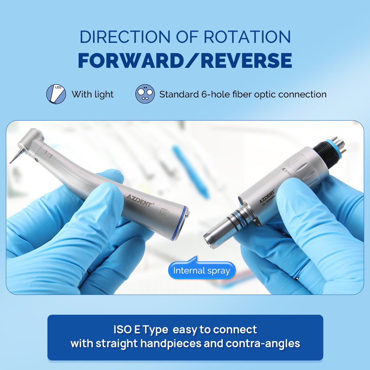 AZDENT Dental Mini 8:1 Contra Angle Fiber Optic Low Speed ​​Handpiece / Mini Fiber Optic Air Motor 6 Hollow