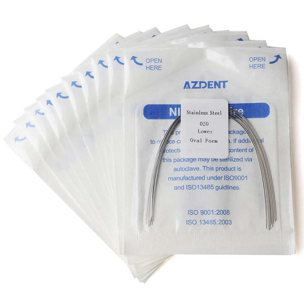Arco de alambre AZDENT de acero inoxidable, forma ovalada, redondo, 0,020 mm, inferior, 10 unidades/paquete