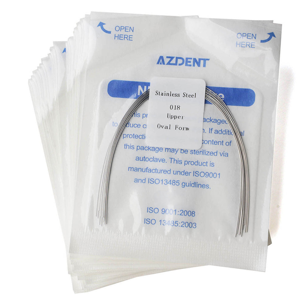 Arco de alambre AZDENT de acero inoxidable, forma ovalada, redondo, 0,018 mm, superior, 10 unidades/paquete