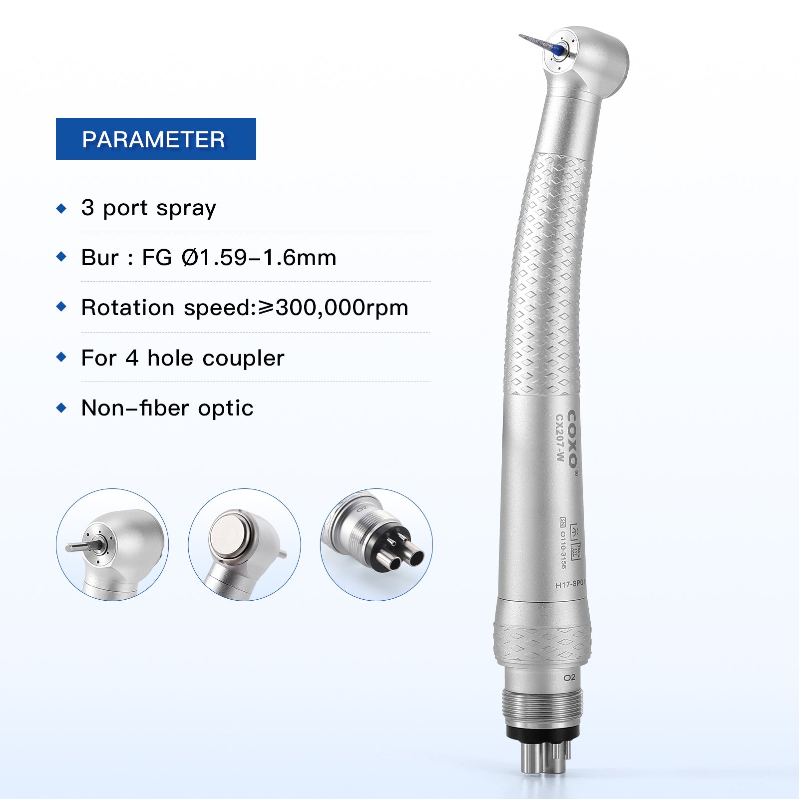 COXO Standard Head High Speed Air Turbine Handpiece with 4 Holes Coupler CX207-W H17-SPQ4