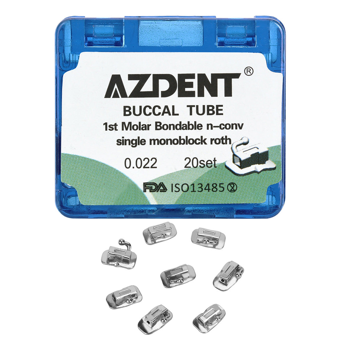 Tubo bucal AZDENT para primer molar, monobloque cementable, no convertible, Roth 0.022, 20 juegos/caja