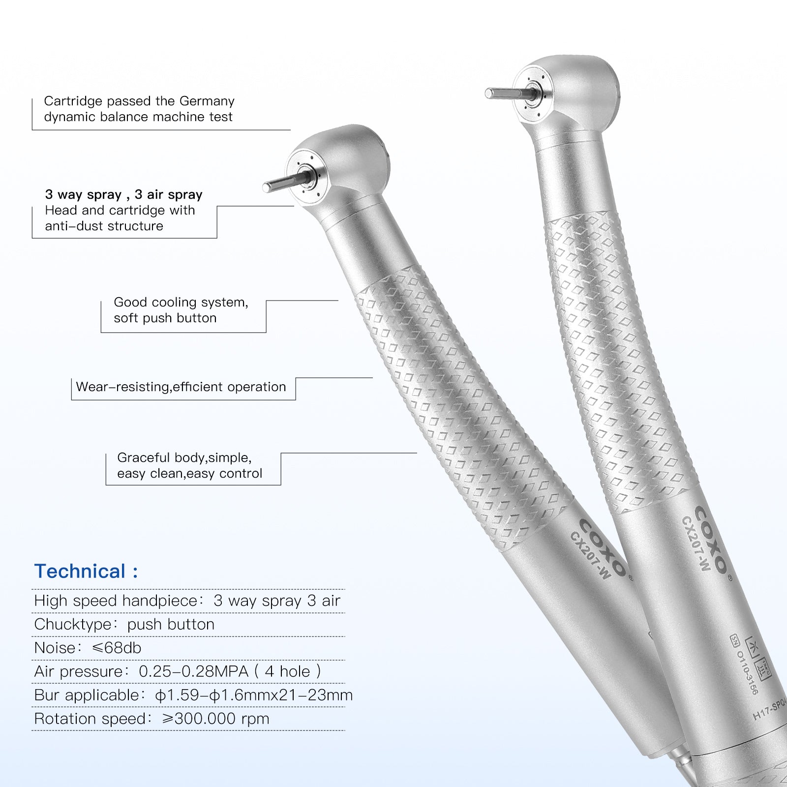 COXO Standard Head High Speed Air Turbine Handpiece with 4 Holes Coupler CX207-W H17-SPQ4