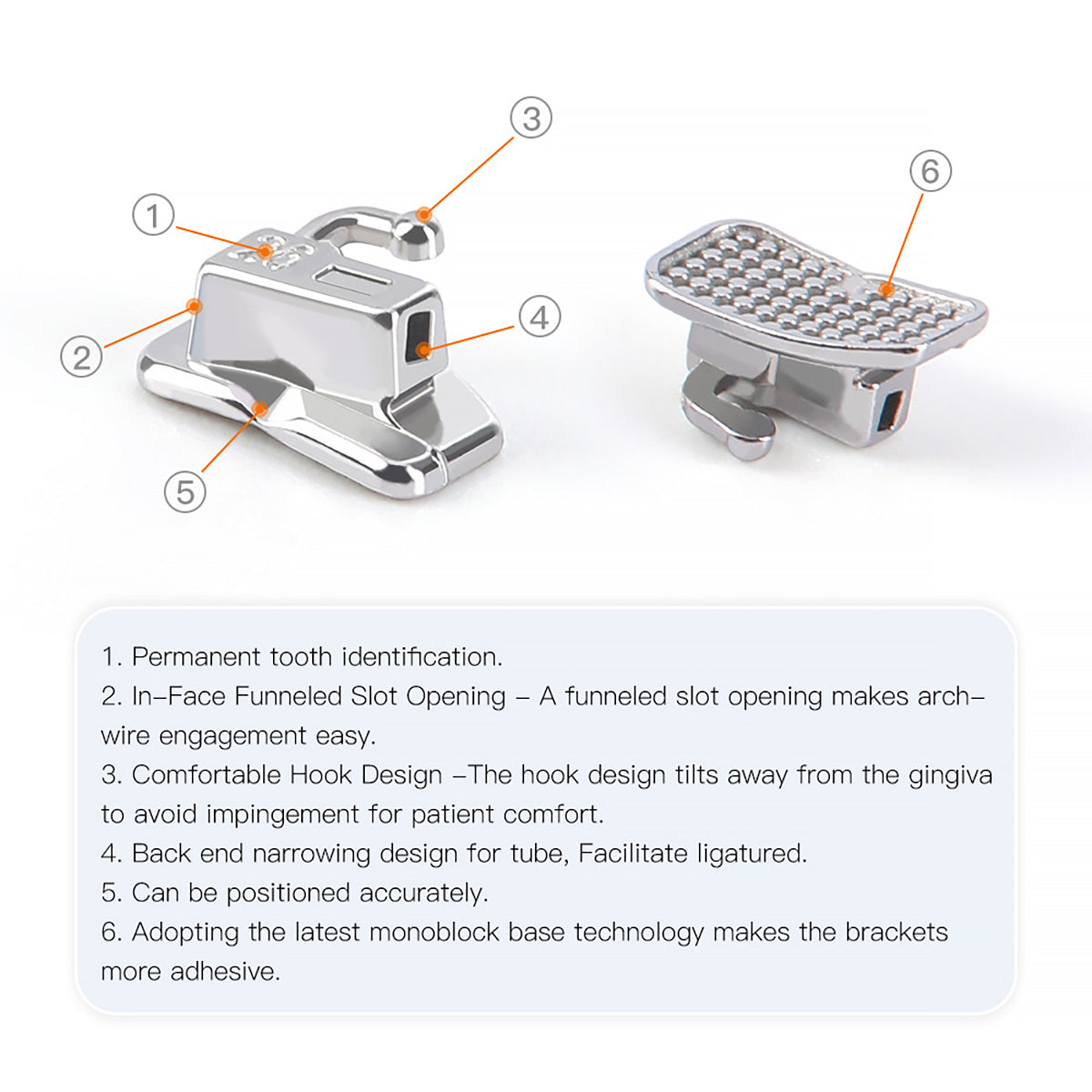 AZDENT Dental Orthodontic Self-Ligating Brackets Spherical Monoblock Roth/MBT .022 Hooks On 345 With Buccal Tube 24pcs/Box