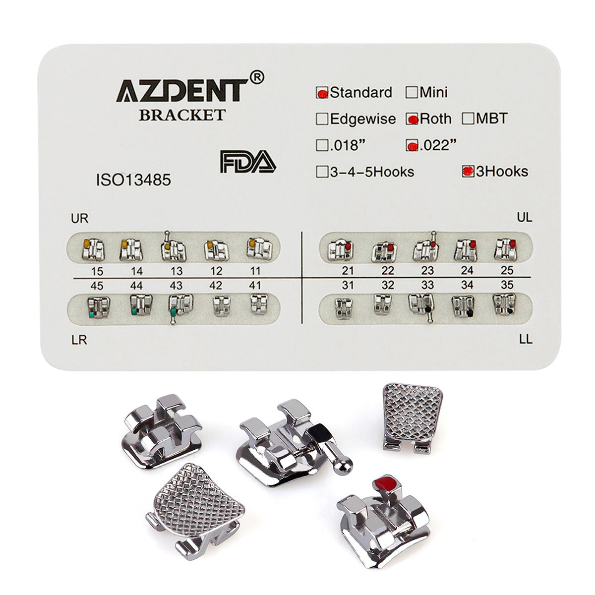 Металлические брекеты AZDENT Dental Standard Roth Slot .022 крючки по 3 шт./уп. 20 шт.