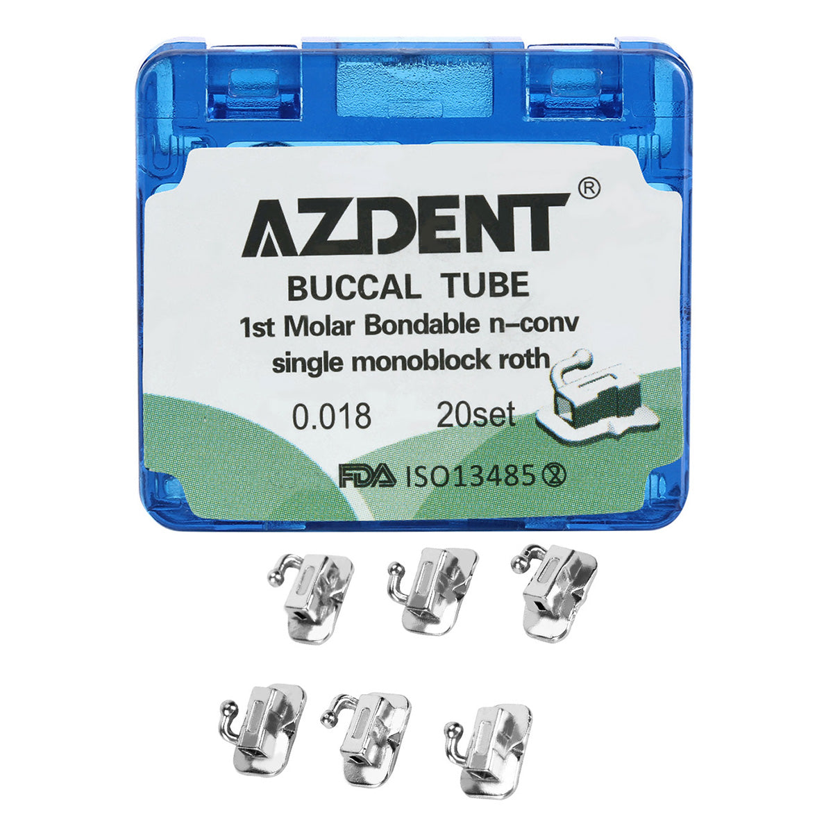 Tubo bucal AZDENT para primer molar, cementable, MIM, monobloque no convertible, Roth 0.018, 20 juegos/caja