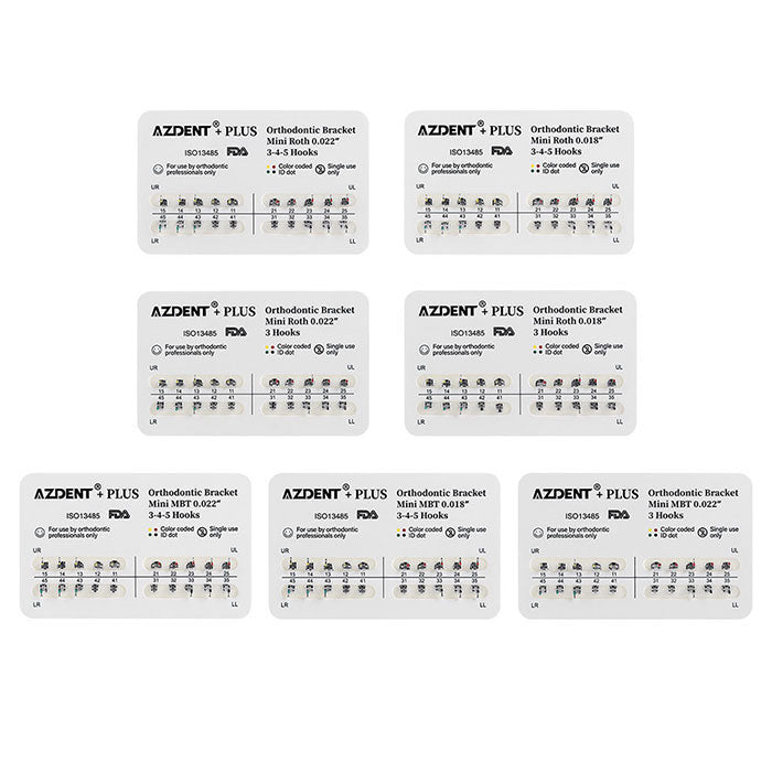 AZDENT PLUS Стоматологические металлические брекеты Mini Roth/MBT .022/.018 крючки 3/3-4-5 20 шт./упаковка