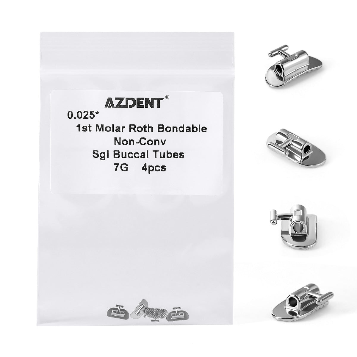 AZDENT Buccal Tubes Bondable 1st Molar Non-Convertible Roth Round 0.025 4pcs/Bag