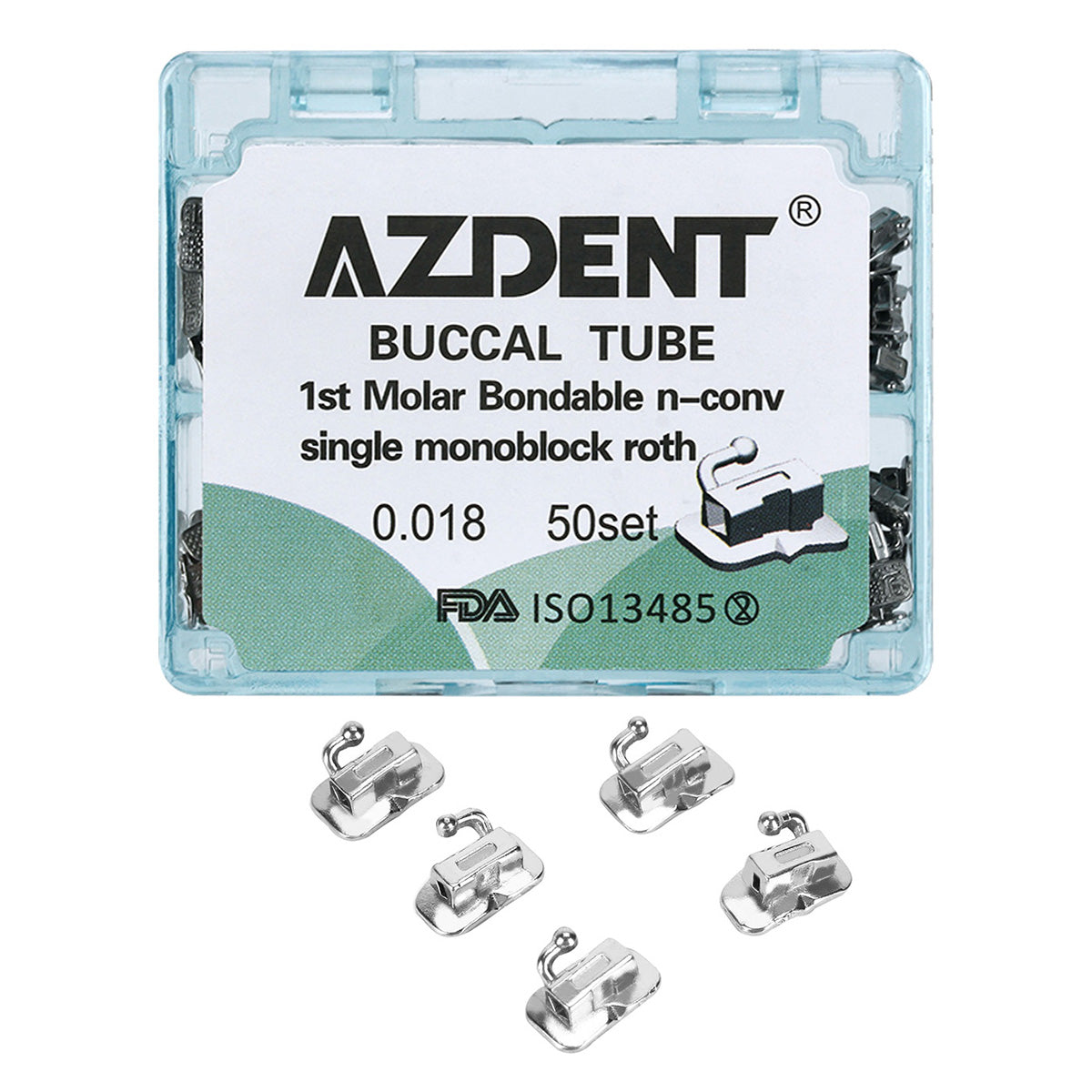 Tubo bucal AZDENT para primer molar, monobloque cementable, no convertible, Roth 0.018, 50 juegos/caja