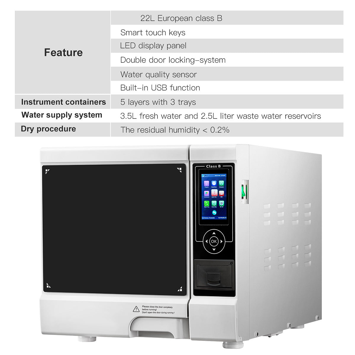 Dental Autoclave Steam Sterilizer Table Top LCD Built-in Printer Class B Dry Function 22L