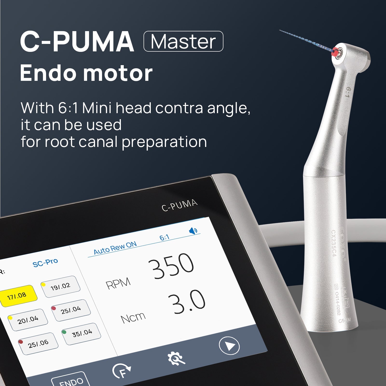 Электромотор эндодонтический COXO C PUMA Master Dental LED с угловыми наконечниками 1:5 и 6:1