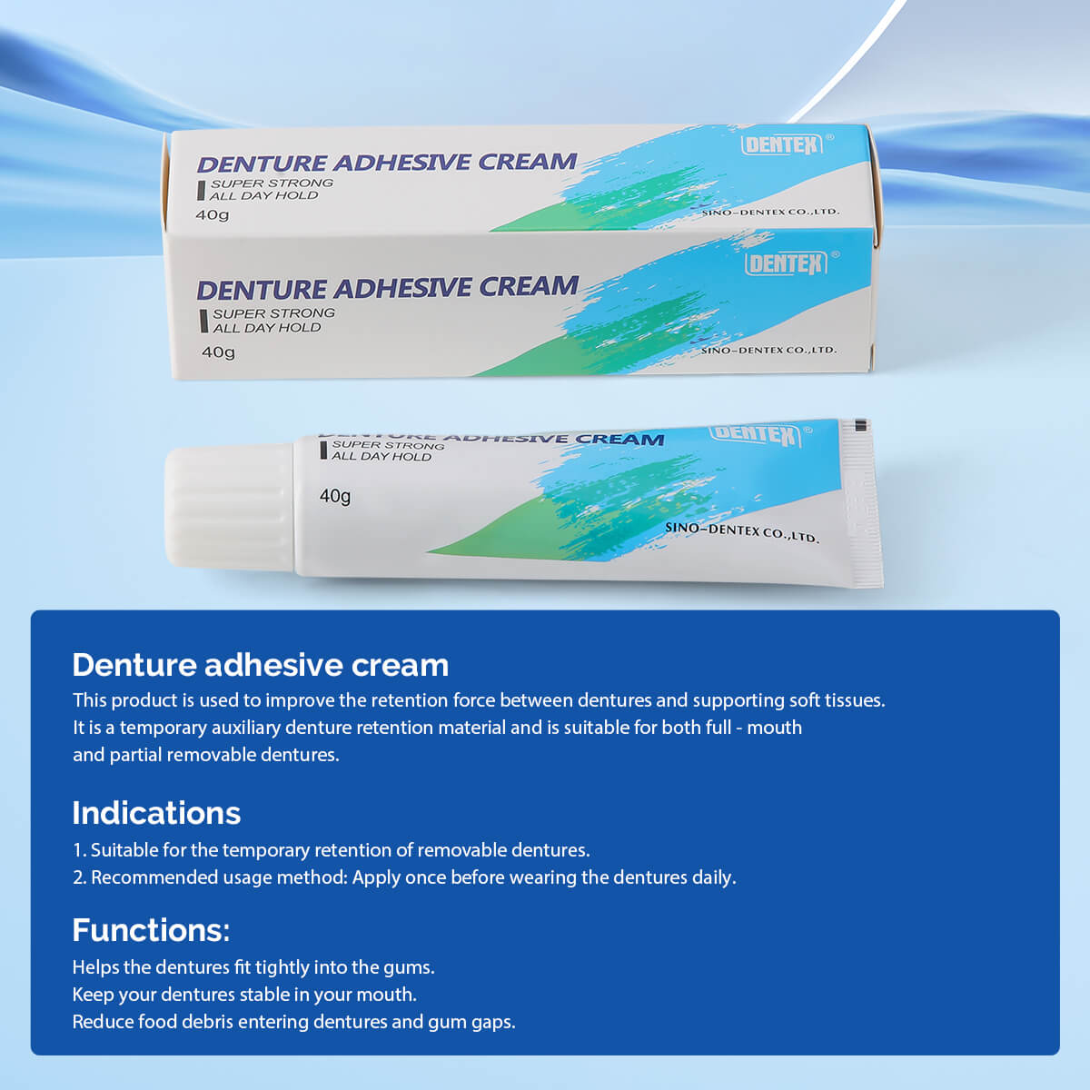 Denture Adhesive Cream 40g All Day Hold Non-Zinc Formula False Teeth Glue
