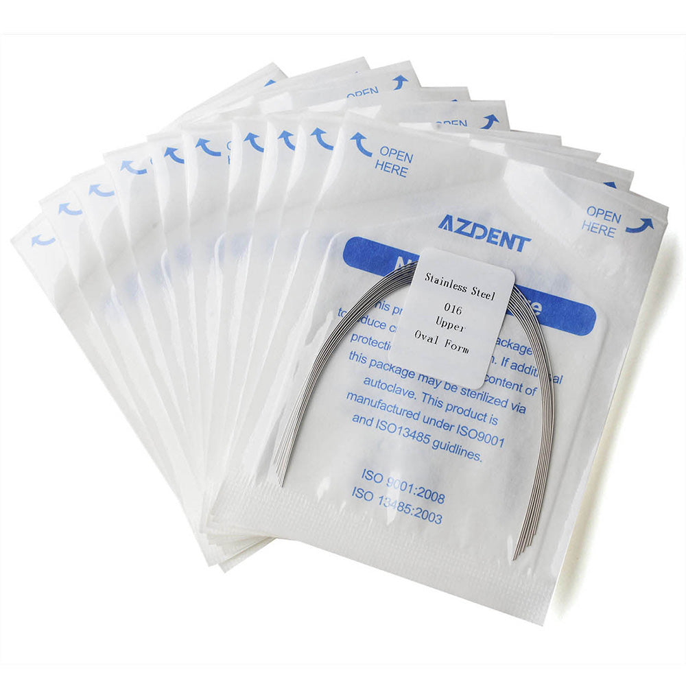 Arco de alambre AZDENT de acero inoxidable, forma ovalada, redondo, 0,016 mm, superior, 10 unidades/paquete