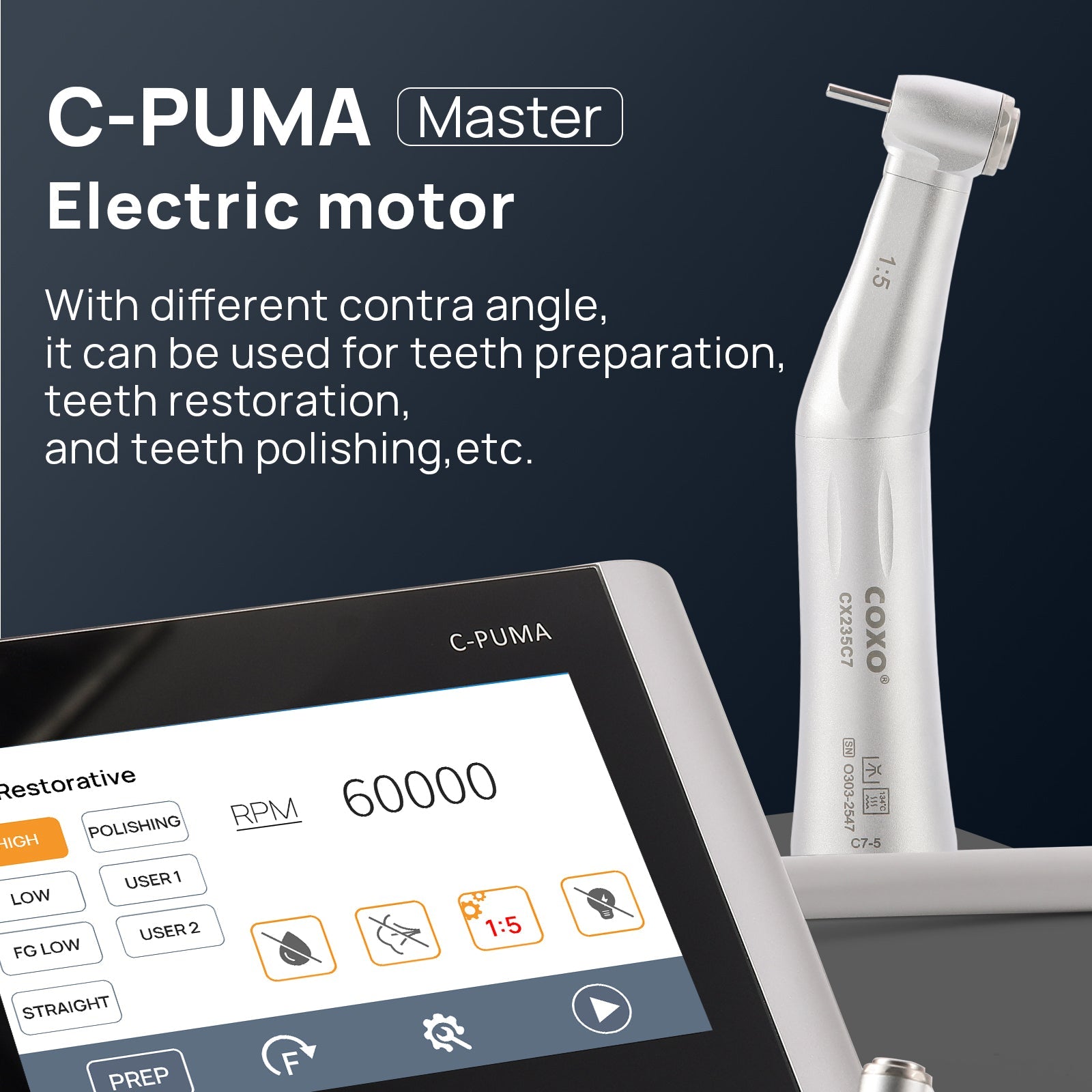 Электромотор эндодонтический COXO C PUMA Master Dental LED с угловыми наконечниками 1:5 и 6:1