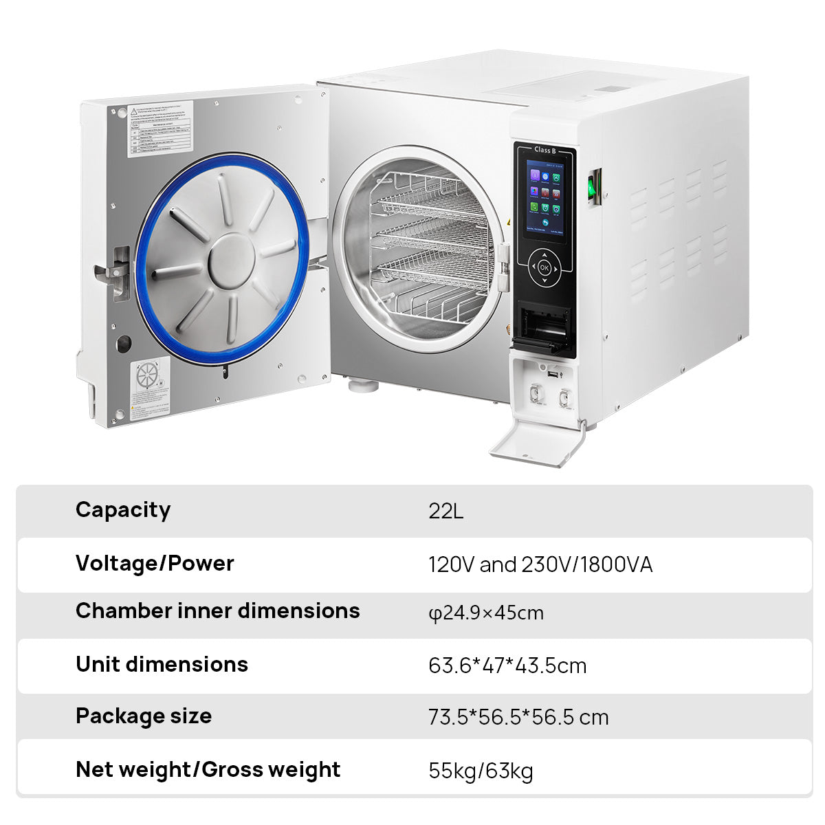 Dental Autoclave Steam Sterilizer Table Top LCD Built-in Printer Class B Dry Function 22L