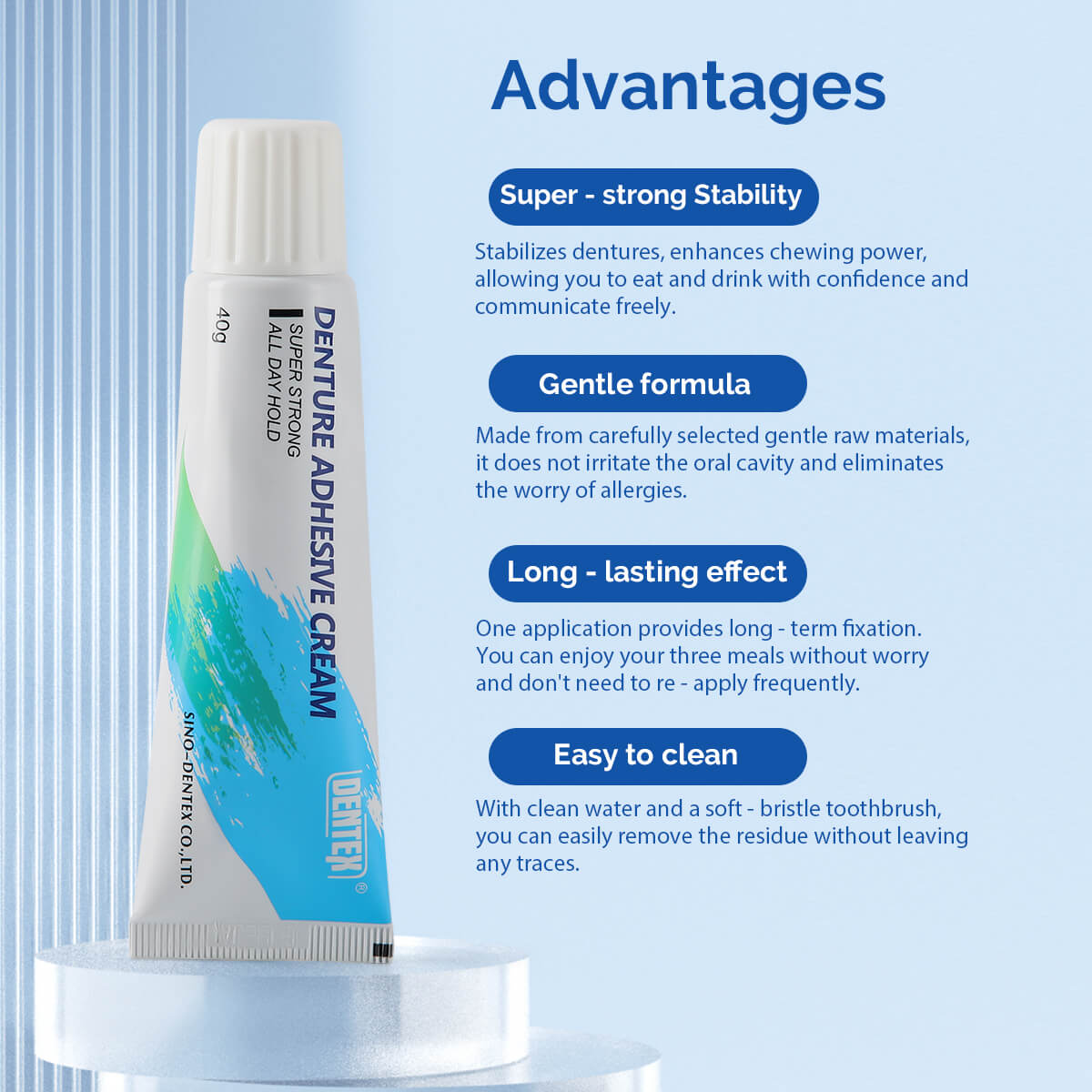 Denture Adhesive Cream 40g All Day Hold Non-Zinc Formula False Teeth Glue