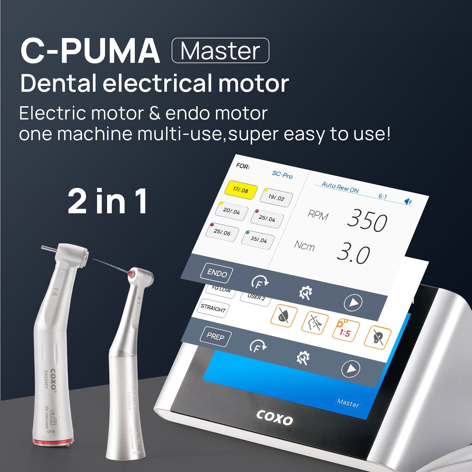 Электромотор эндодонтический COXO C PUMA Master Dental LED с угловыми наконечниками 1:5 и 6:1