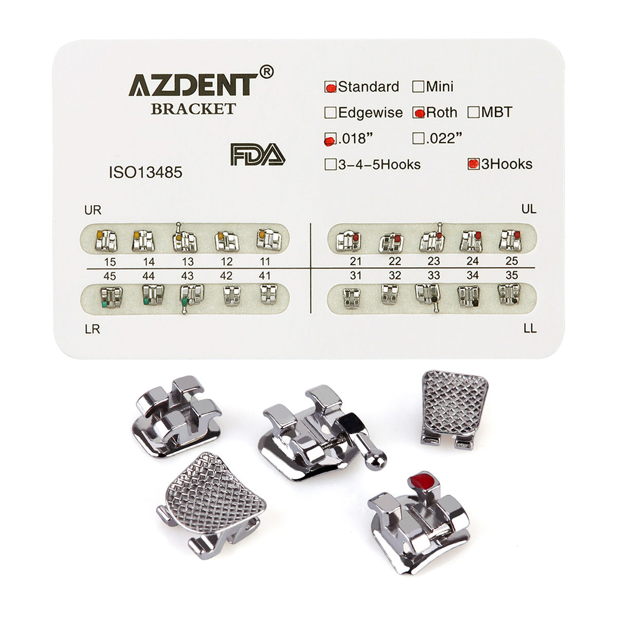 Металлические брекеты AZDENT Dental Standard Roth Slot .018 крючки по 3 шт./уп. 20 шт.
