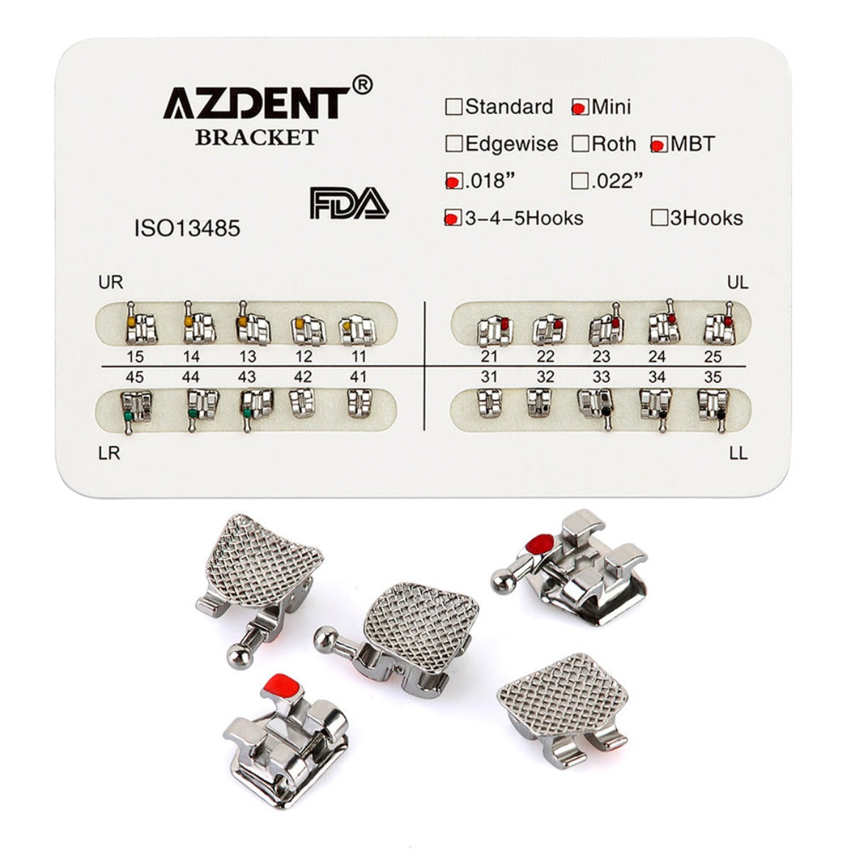 Металлические брекеты AZDENT для стоматологии Mini MBT Slot .018 крючки на 345 20 шт./упаковка