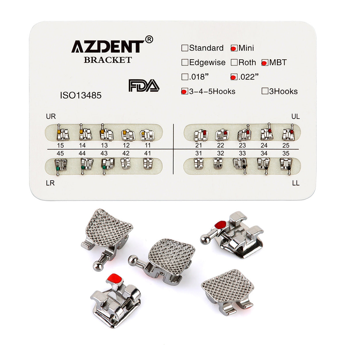 Металлические брекеты AZDENT для стоматологии Mini MBT Slot .022 крючки на 345 20 шт./упаковка