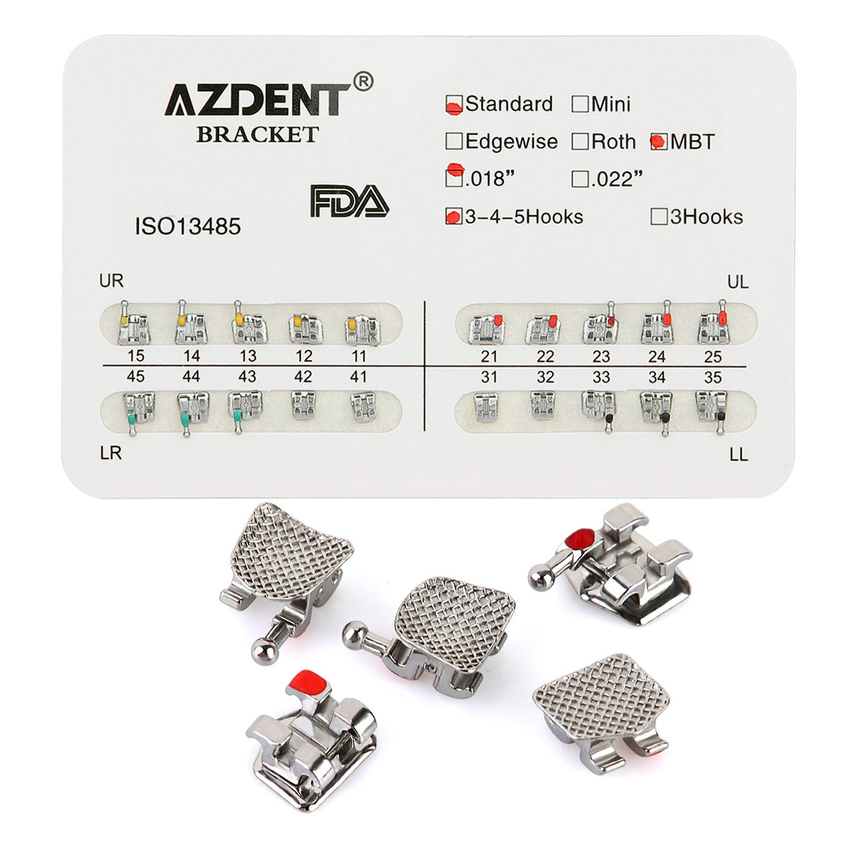AZDENT Dental Metal Brackets Standard MBT Slot .018 Hooks on 345 20pcs/Pack