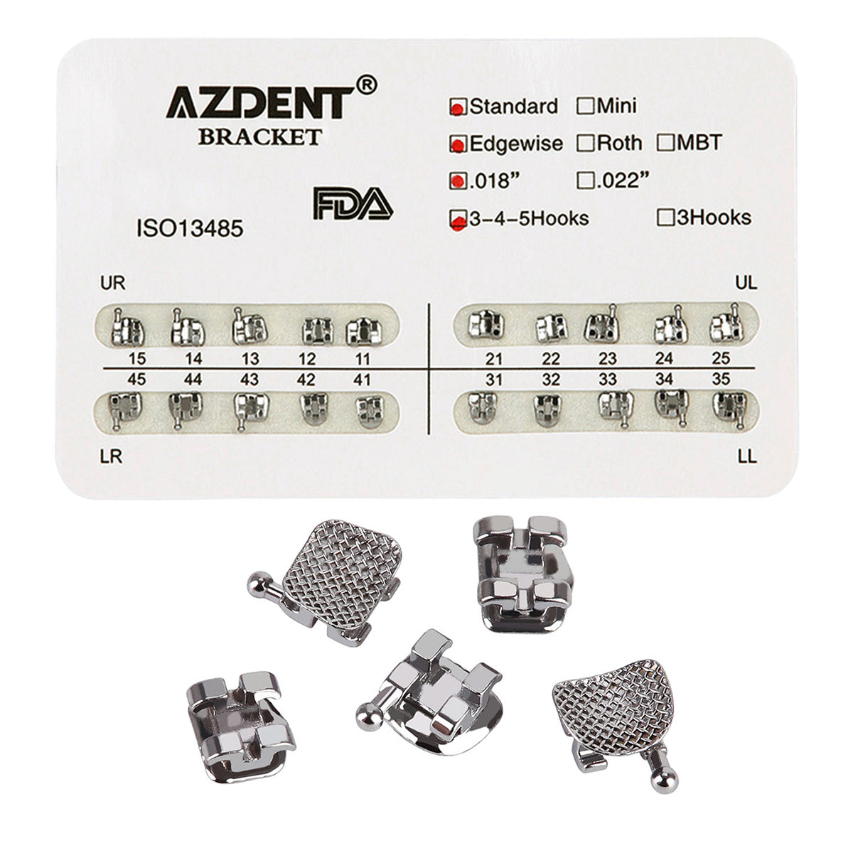 Металлические брекеты AZDENT для зубов, стандартные, с прорезью Edgewise, .018, крючки на 345, 20 шт./упаковка