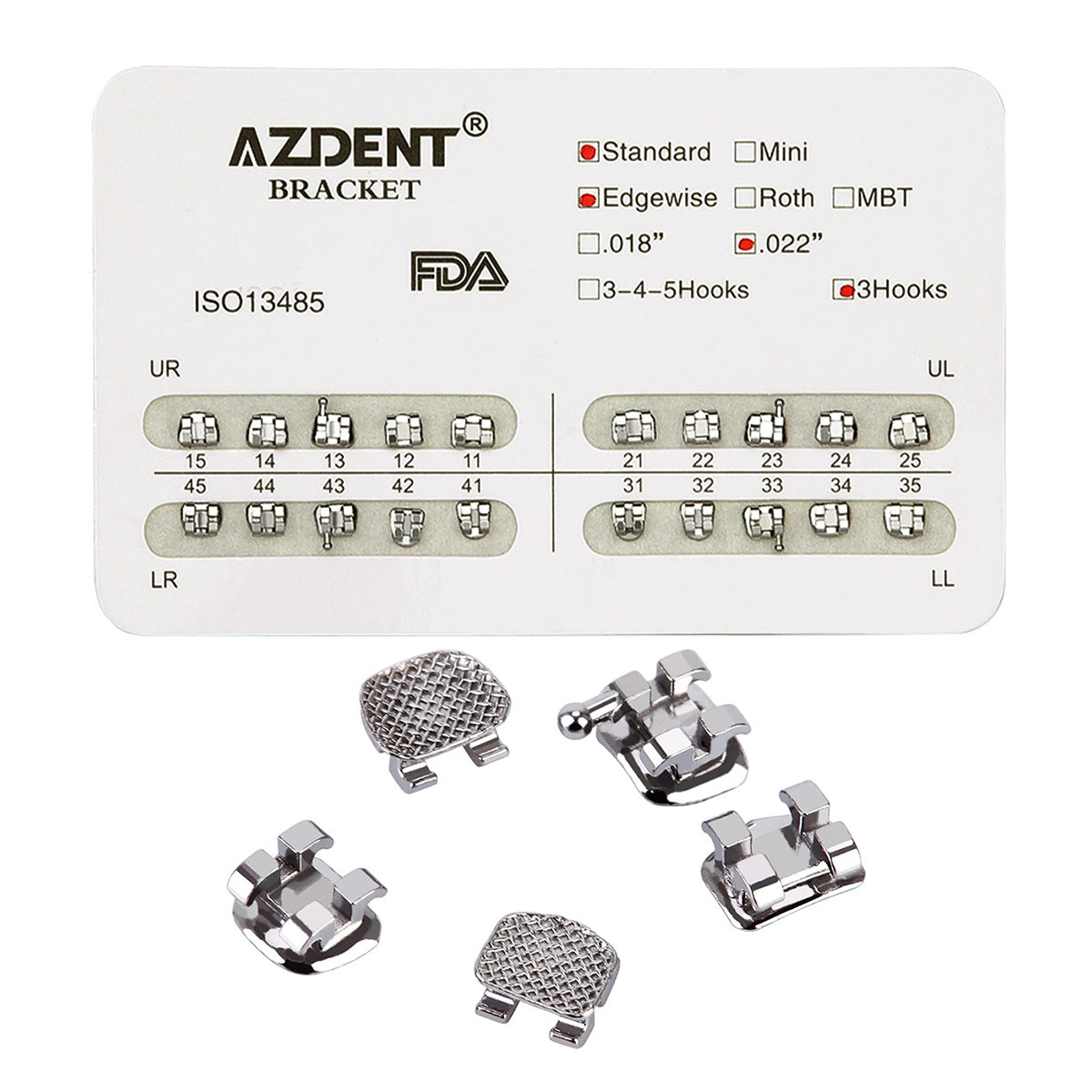 Металлические брекеты AZDENT для зубов, стандартные, с прорезью Edgewise .022, крючки по 3 шт./упаковка 20 шт.