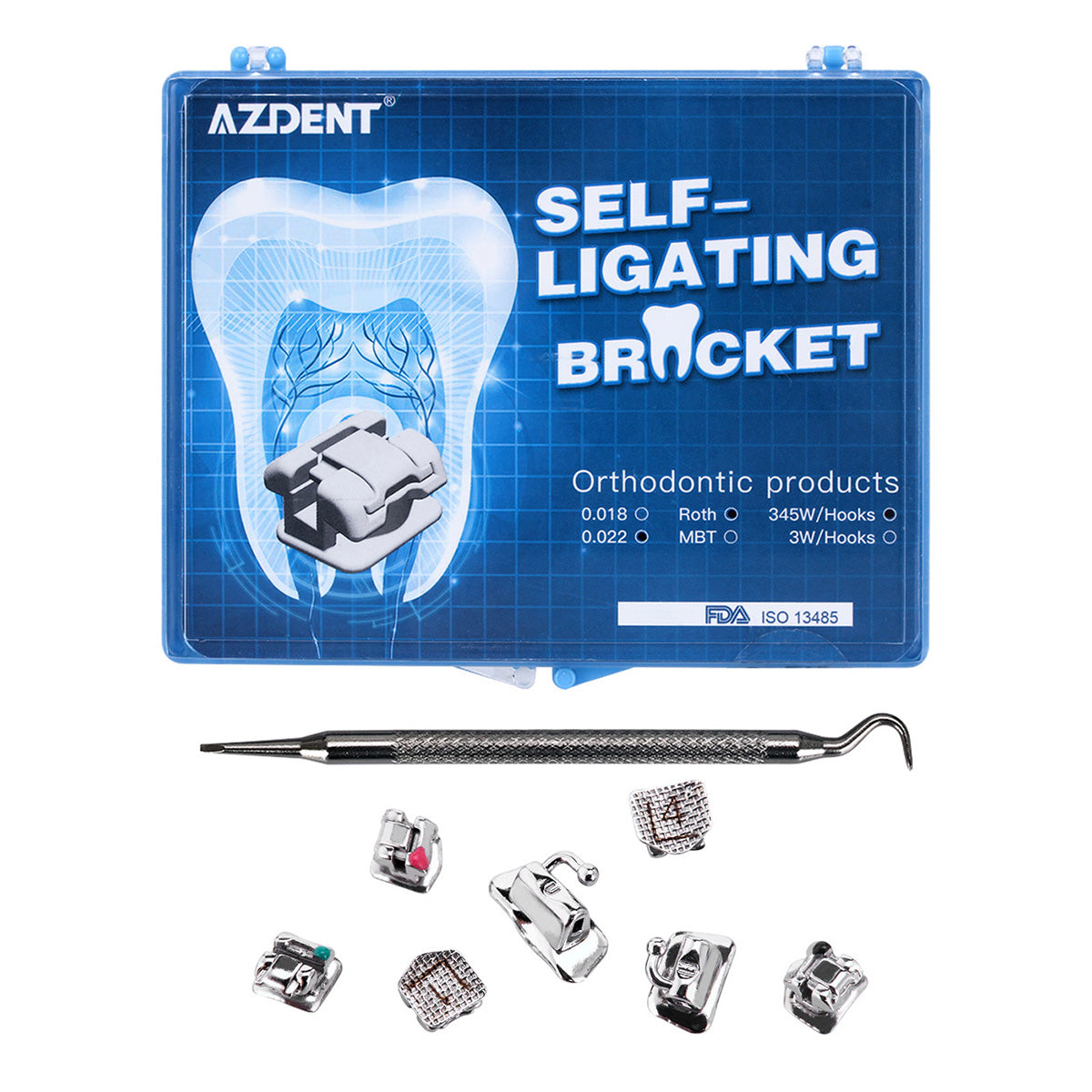 AZDENT Dental Self-Ligating Metal Brackets Roth .022 Hooks on 345 with Tools 28pcs/Box