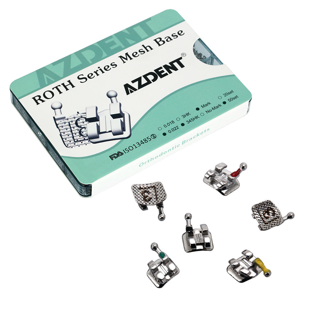 Стоматологические металлические брекеты AZDENT Mini Roth 0,022 крючки на сетчатой ​​основе 345 50 комплектов/коробка (1000 шт.)