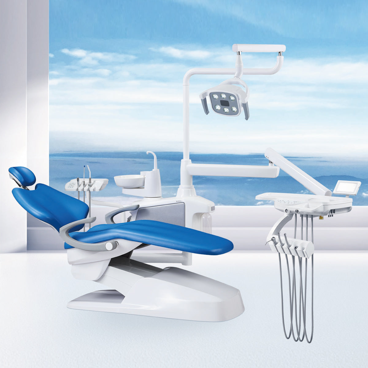 Dental Chair Unit QL2028III-2024 DC Motor Computer Controlled PU Hard Leather w/ Dentist Stool Dark Blue