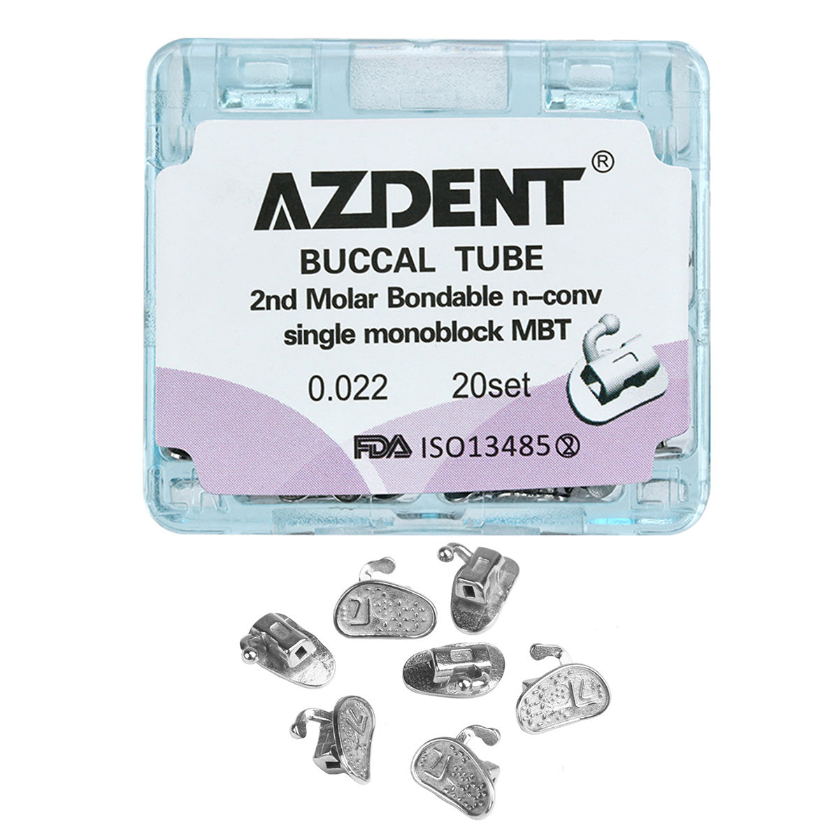 Tubo bucal AZDENT para 2.º molar, monobloque cementable, no convertible, MBT 0.022, 20 juegos/caja