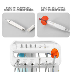 Portable Dental Mobile Cart Delivery Unit 4 Holes with Air Compressor Built-in Woodpecker Ultrasonic Scaler & Curing Light