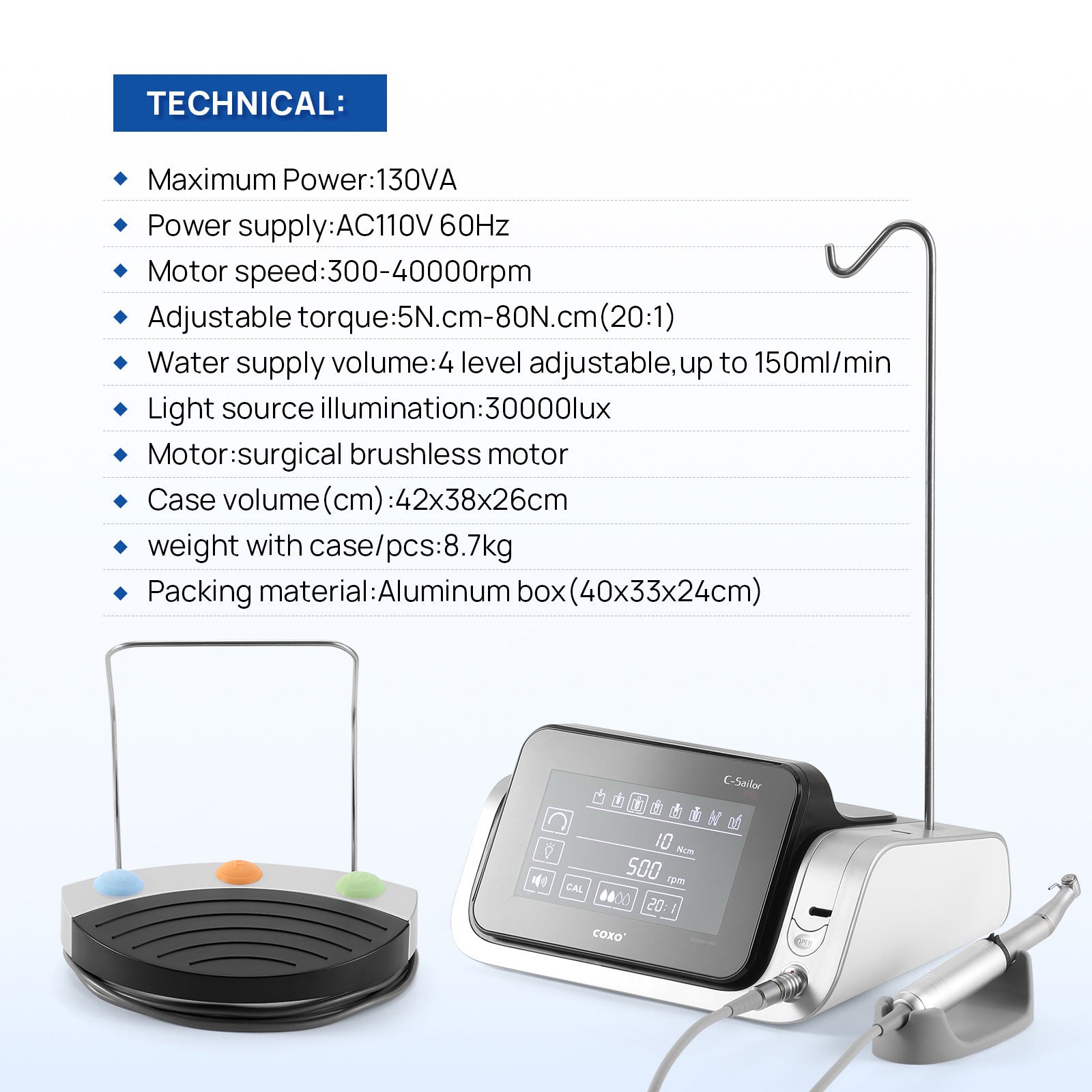 COXO Dental Surgical Brushless Implant Motor 7" Touch Screen With 20:1 Fiber Optic Contra Angle Full-function Pedal Controller #C-SAILOR PRO