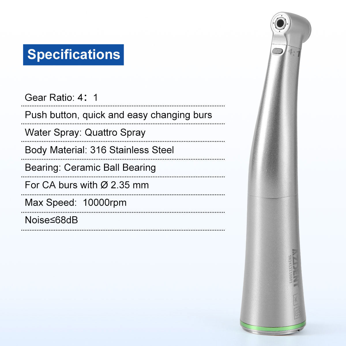 AZDENT Dental Mini 4:1 Contra Angle Fiber Optic Low Speed ​​Handpiece / Mini Fiber Optic Air Motor 6 Hollow