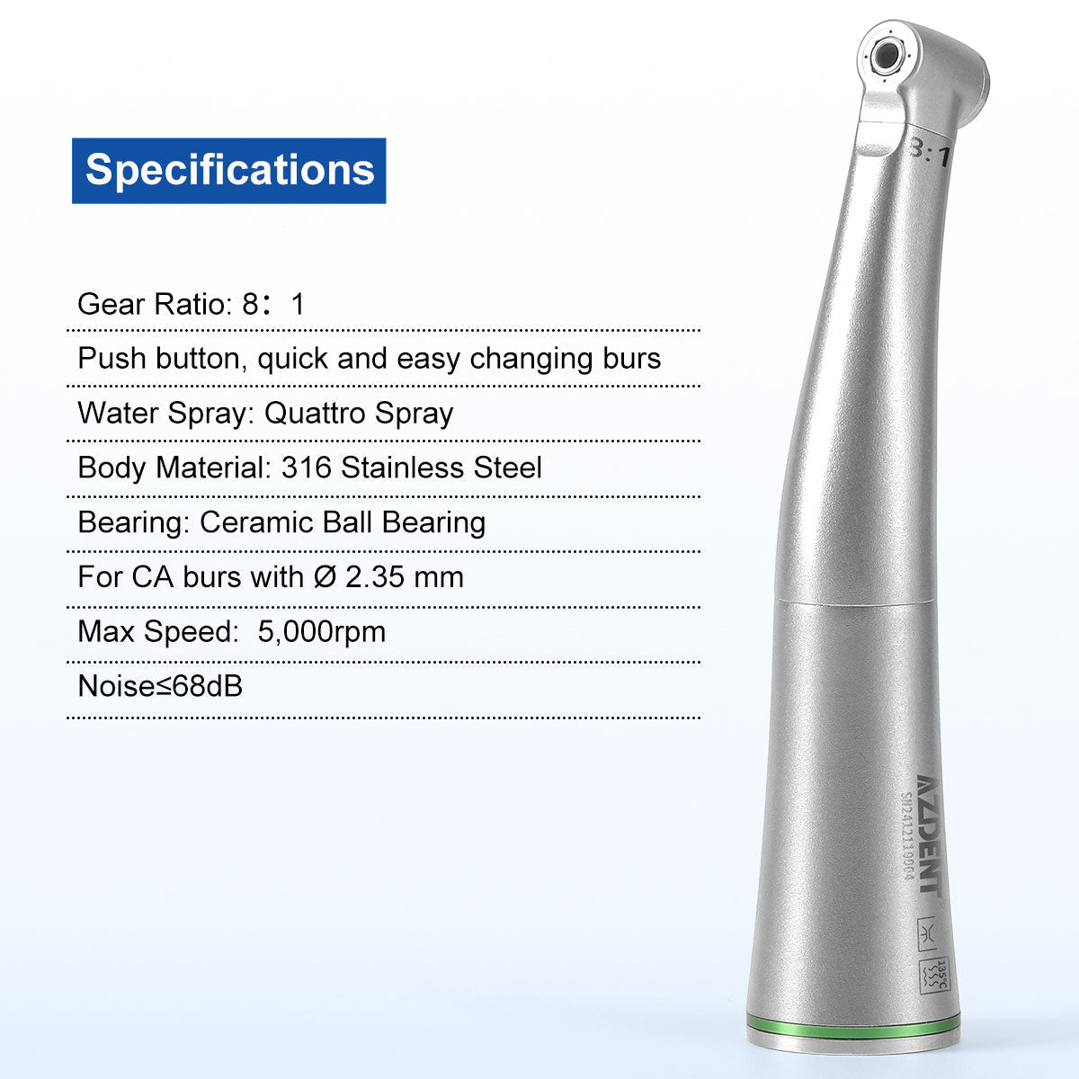 AZDENT Dental Mini 8:1 Низкоскоростной наконечник Contra Angle Quattro Spray для эндодонтии или профилактики