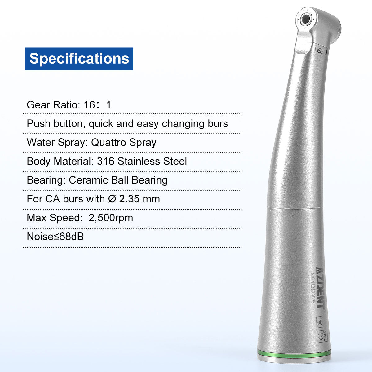 AZDENT Dental Mini 16:1 Contra Angle Низкоскоростной наконечник Quattro Spray для эндодонтии