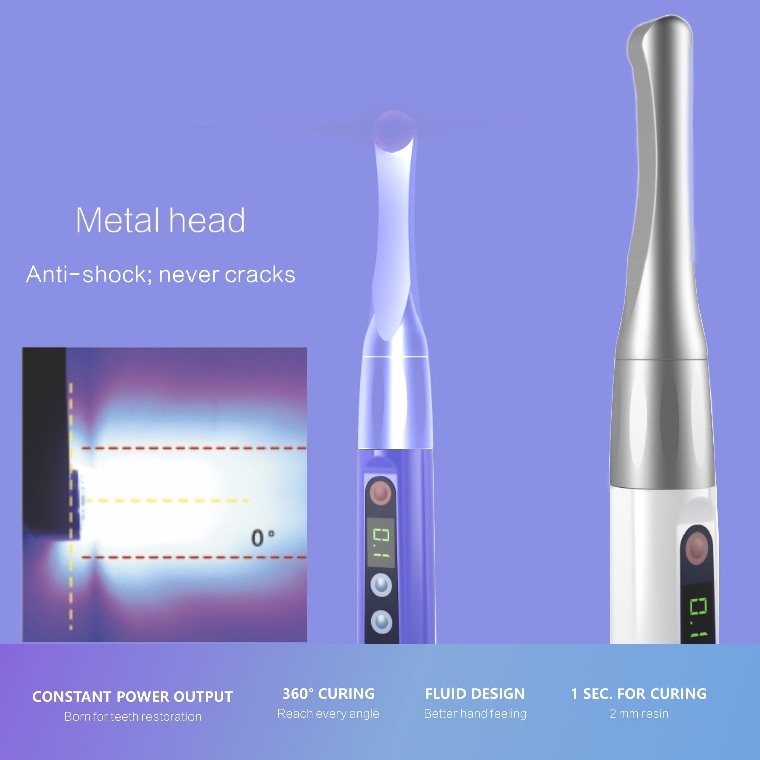 Woodpecker Curing Light iLED Plus Wireless 360° Rotary Wide Spectrum Metal Head 2 Working Modes 2500mW/cm2 White/Purple