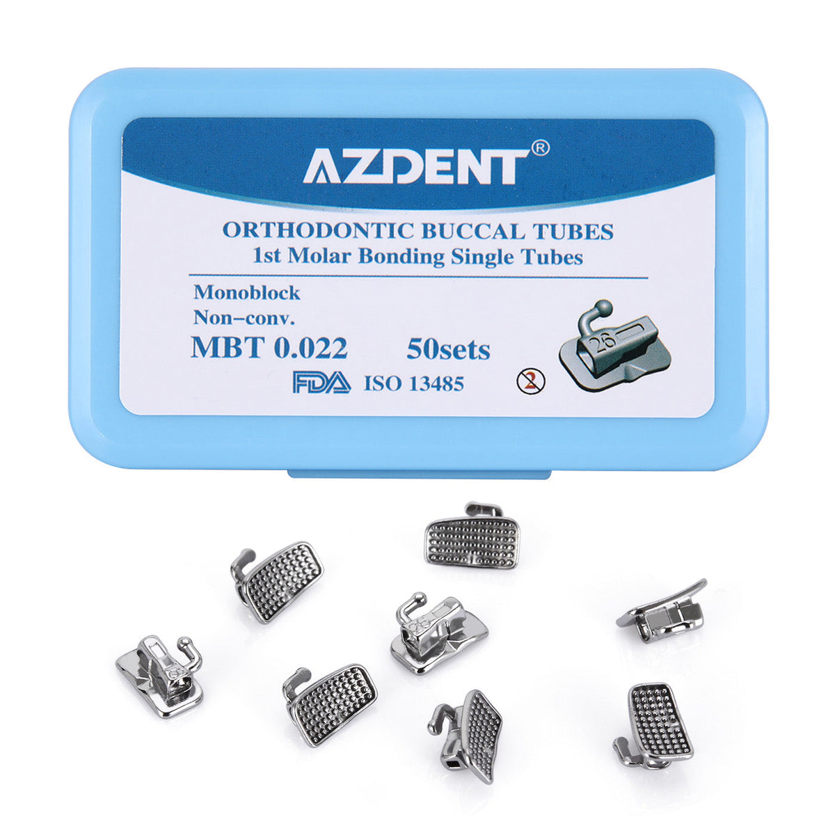 Tubo bucal AZDENT para primer molar, monobloque cementable, no convertible, MBT 0.022, 50 juegos/caja