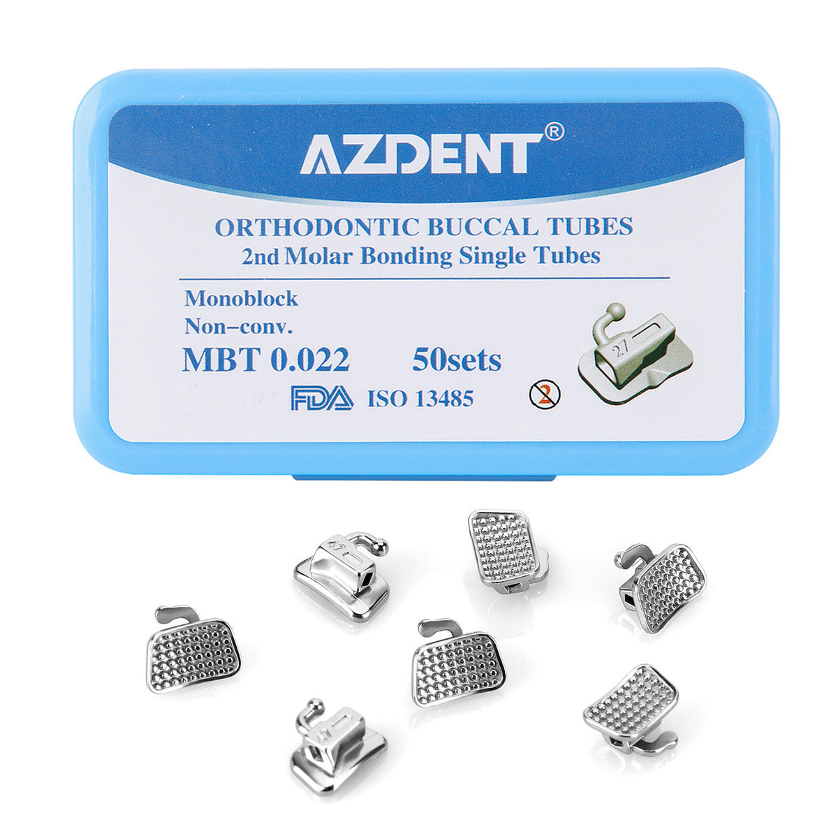 AZDENT Buccal Tube 2nd Molar Bondable Monoblock Non-Convertible MBT 0.022 Laser Mark 50Sets/Box