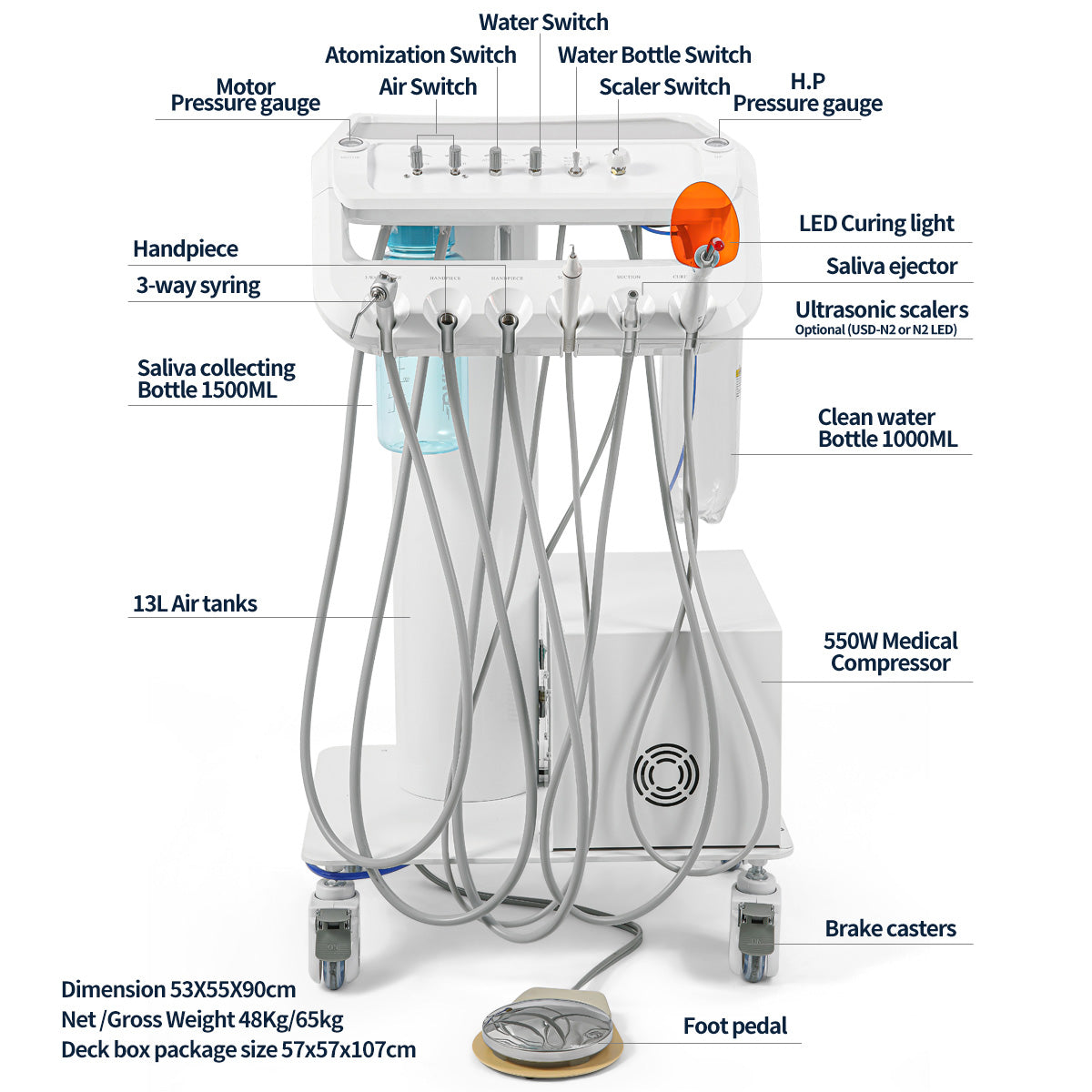 Portable Dental Mobile Cart Delivery Unit 4 Holes with Air Compressor Built-in Woodpecker Ultrasonic Scaler & Curing Light