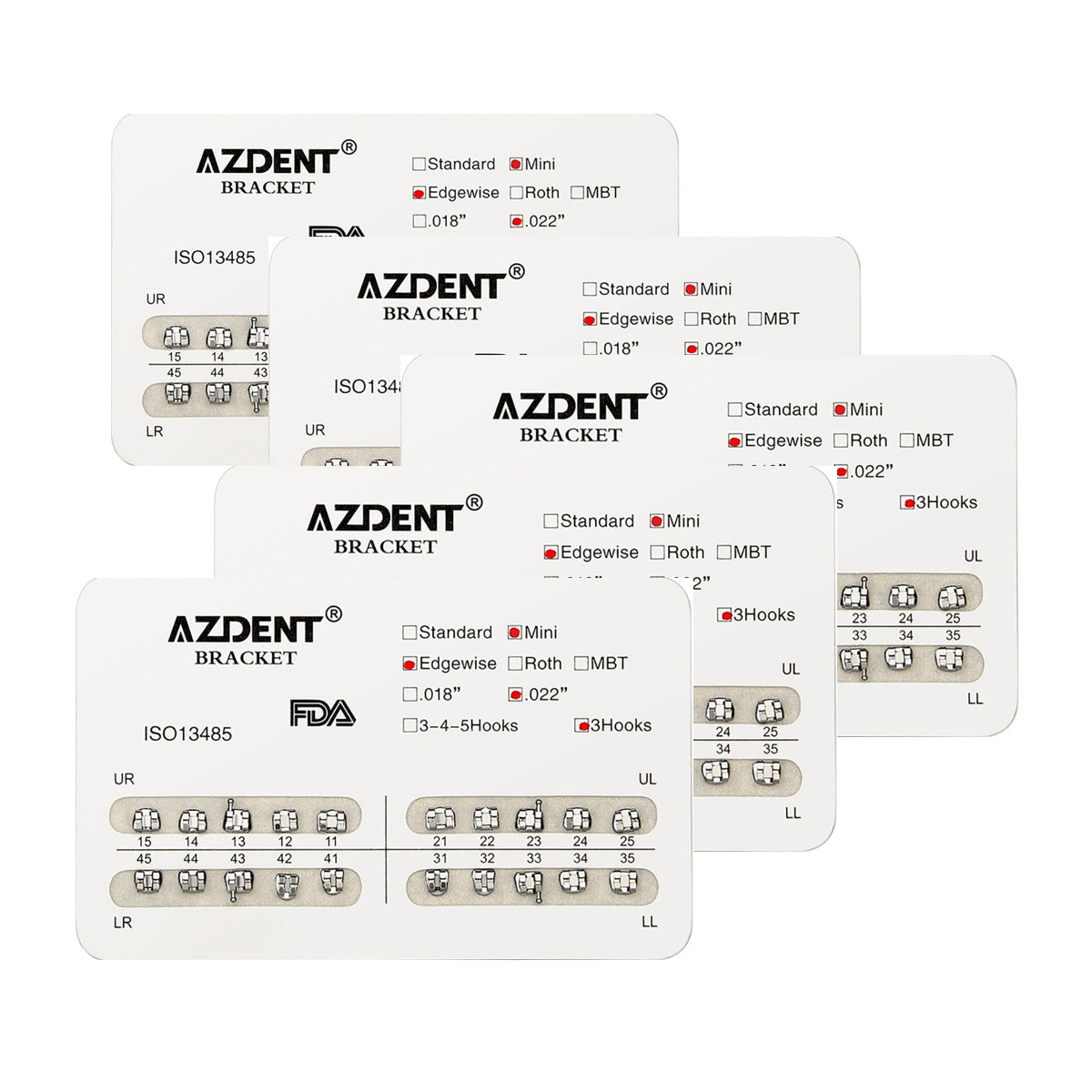 Брекеты стоматологические металлические AZDENT Mini Edgewise Slot .022 крючки на 3 20 шт./упаковка