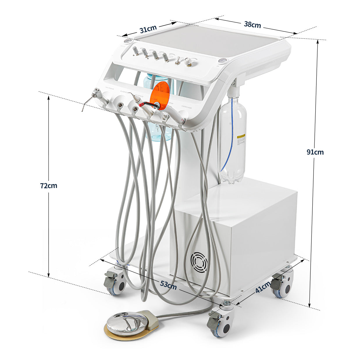 Portable Dental Mobile Cart Delivery Unit 4 Holes with Air Compressor Built-in Woodpecker Ultrasonic Scaler & Curing Light
