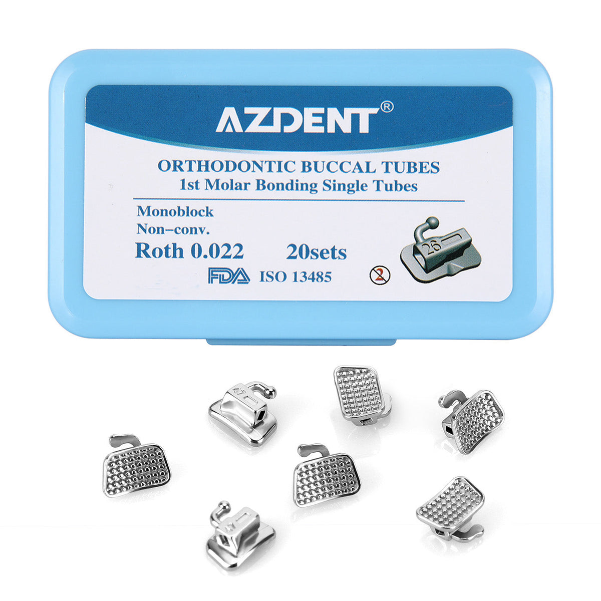 Tubo bucal AZDENT para primer molar, monobloque cementable, no convertible, Roth 0.022, marcado láser, 20 juegos/caja