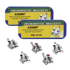 Стоматологические металлические брекеты AZDENT MIM Monoblock Mini Roth/MBT .022 крючки на 345 20 шт./коробка